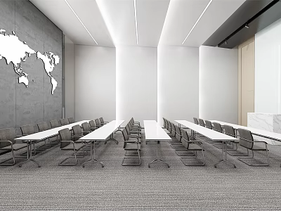 Modern Meeting Room Interior With Long Tables Chairs World Map Whiteboard And Ceiling Lights 3d model