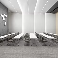 Modern Meeting Room Interior With Long Tables Chairs World Map Whiteboard And Ceiling Lights