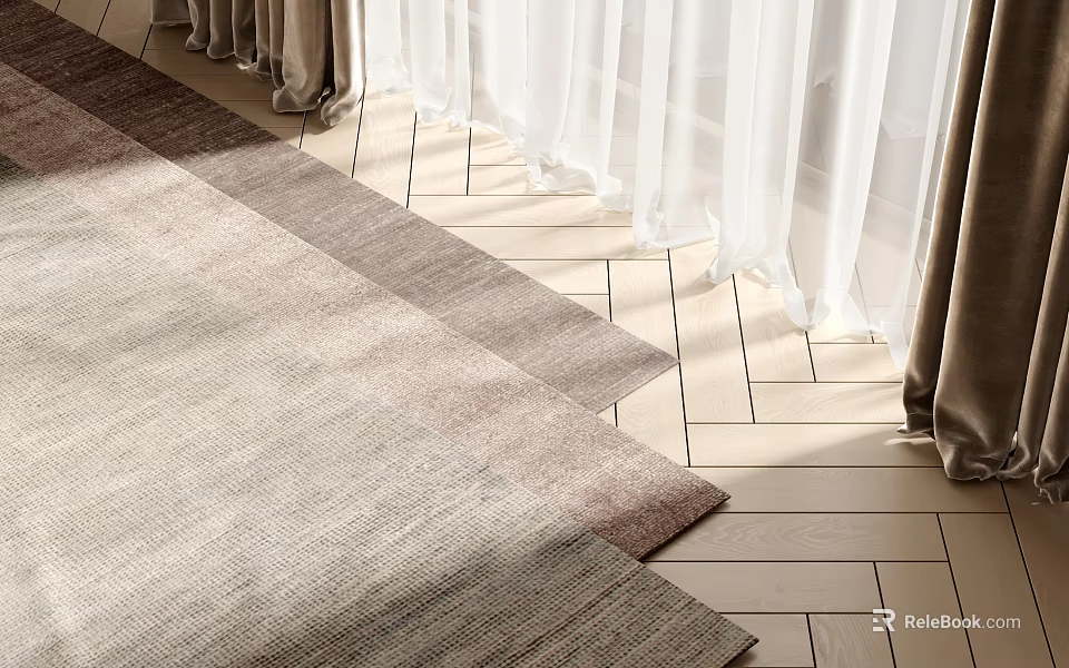 Soft Woven Square Rug On Wooden Floor With Sheer Curtains And Sunlight 3d model 