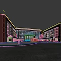 Modern School Building With Red Brick Exterior Surrounded by Trees and Plaza With Students Activities