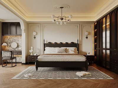 Stylish Bedroom Interior With Bed Headboard Chandelier Patterned Rug Wooden Floor And Nightstands 3d model
