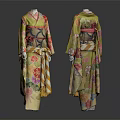Traditional Yellow Kimono With Floral Patterns And Obi Front Back Views 3d model