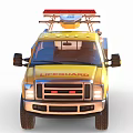 Yellow Lifeguard Truck With Surfboard And Rescue Equipment On Roof Displaying Lifeguard Logo
