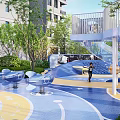 Colorful Kids Playground Design With Blue Yellow Flooring Circular Play Zones And Trees