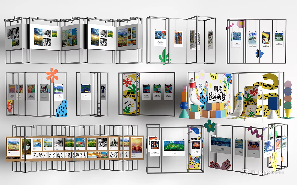 Various Modern Display Racks With Multiple Panels For Poster And Image Exhibition 3d model