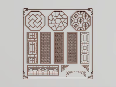 Traditional Carved Lattice Windows With Various Geometric Patterns And Decorative Shapes 3d model