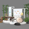 Traditional Chinese Market Scene With Bamboo Plants Guzheng Fan Lanterns And Scroll Background 3d model