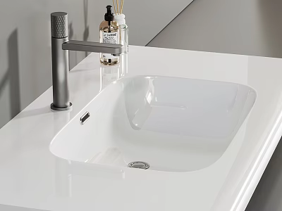 White Bathroom Washbasin on Sleek Countertop with Modern Silver Faucet and Toiletries 3d model