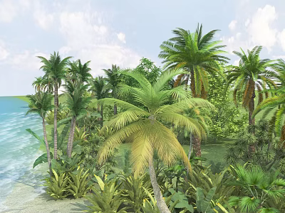 Tropical Coastal Garden Landscape With Lush Palm Trees Dense Foliage And Sea View 3d model
