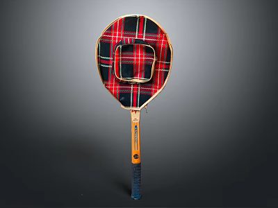 Vintage Sports Equipment Wooden Racquet With Plaid Pattern And Colored Handle 3d model