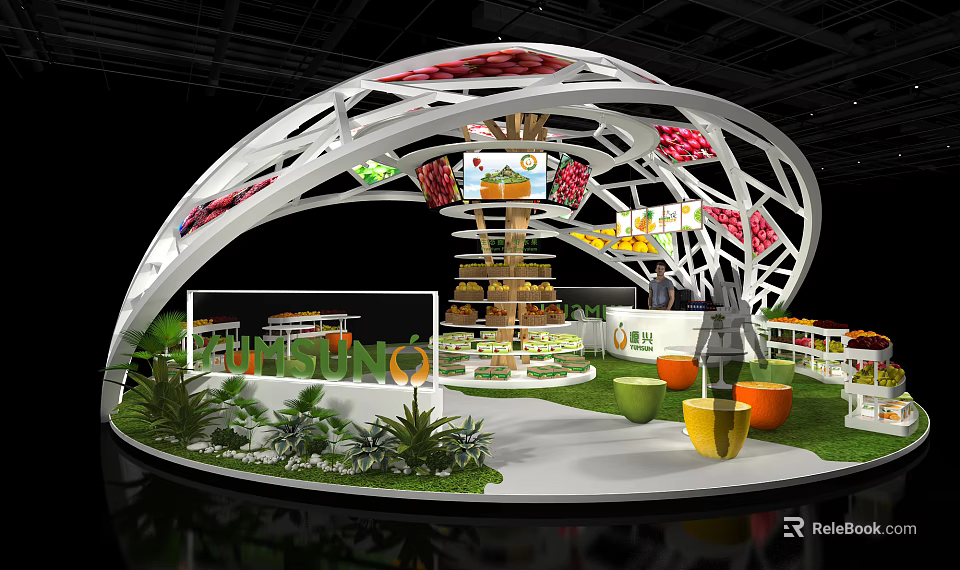 Modern Exhibition Booth With Curved White Framework Colorful Decorations Display Counters And Green Plants 3d model 