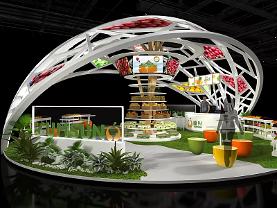 Modern Exhibition Booth With Curved White Framework Colorful Decorations Display Counters And Green Plants 3d model