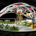 Modern Exhibition Booth With Curved White Framework Colorful Decorations Display Counters And Green Plants