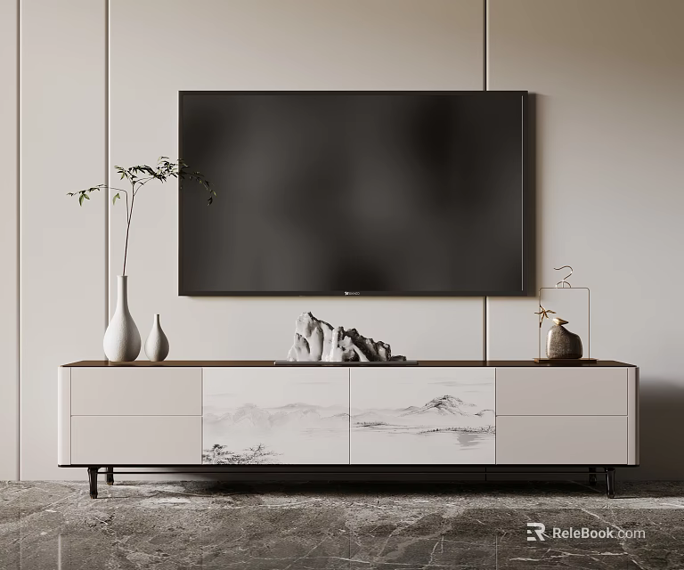 Contemporary TV Stand with Landscape Pattern and Decorative Items Below Mounted TV 3d model
