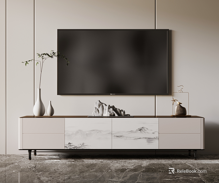 Contemporary TV Stand with Landscape Pattern and Decorative Items Below Mounted TV 3d model 
