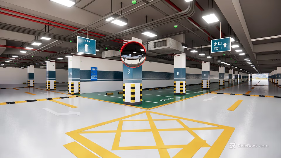 Indoor Parking Garage Featuring Directional Signs Exit Markers Yellow Floor Markings And Numbered Columns 3d model 