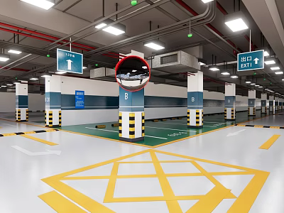 Indoor Parking Garage Featuring Directional Signs Exit Markers Yellow Floor Markings And Numbered Columns 3d model