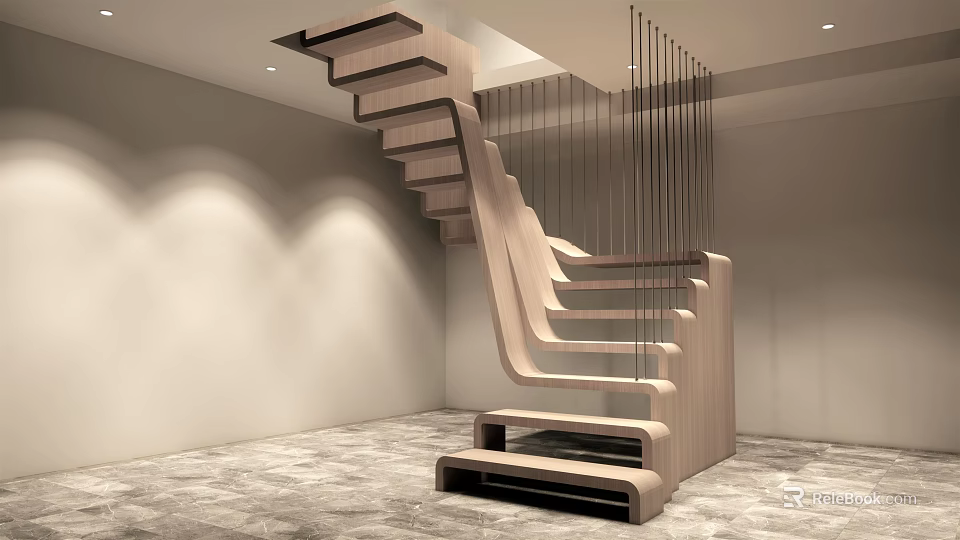 Modern Staircase Design With Wooden Steps And Metal Railings In Interior Space 3d model 