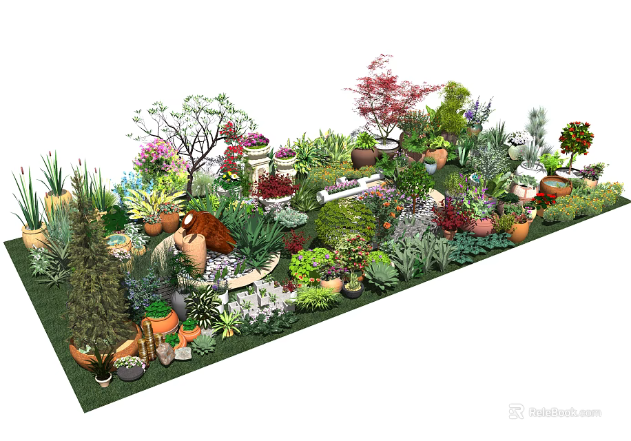 Bonsai and Potted Plants Garden Collection With Various Green Foliage And Colorful Blooms 3d model 