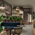 Modern Café Interior Design With Green Plants Blue Banquette And Woven Pendant Lights