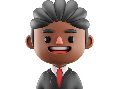 Cartoon 3D Character With Black Curly Hair Brown Skin Suit Red Tie And Smiling Expression 3d model