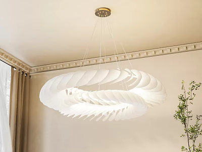 White Layered Leaf Design Chandelier Hanging In Room With Decorative Ceiling Molding Curtains Green Plant 3d model