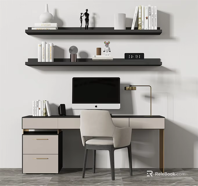 Modern Home Office Desk with Computer Lamp Books and Black Floating Shelves 3d model 