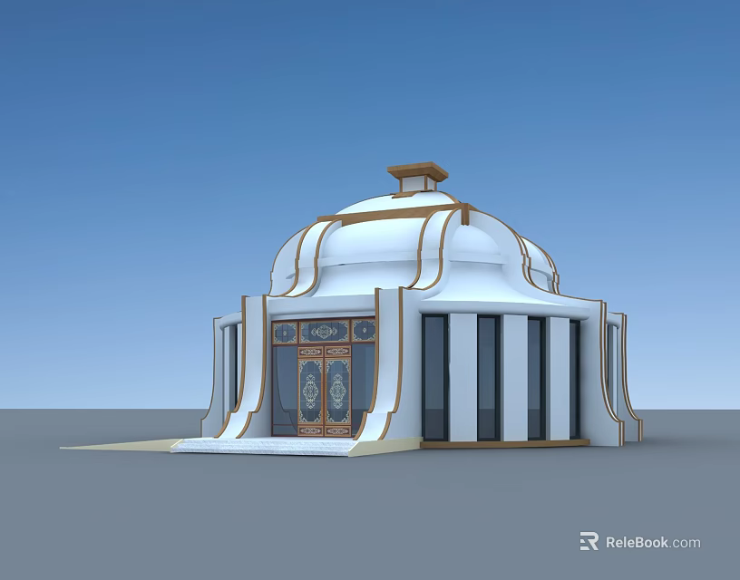 Traditional Dome Shaped Building White Exterior With Brown Decor And Glass Windows Doors 3d model 