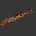 Red Wooden Toy Train With Multiple Carriages On Gray Background Showing Reflection Effect