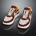 Brown And White Checkerboard Pattern Sneakers With White Laces Yellow Tongue And Side Design