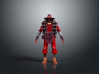 3D Model of Adventurer in Red Outfit With Wide Brimmed Hat and Strapped Gear 3d model