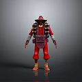 3D Model of Adventurer in Red Outfit With Wide Brimmed Hat and Strapped Gear