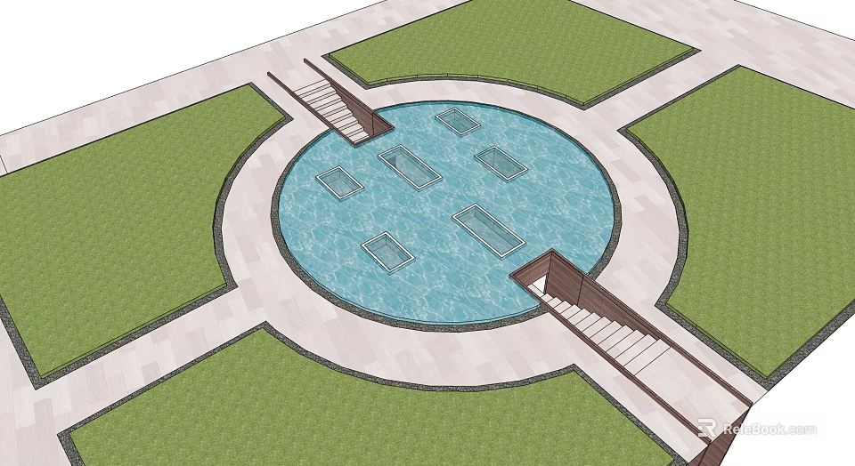 Garden Feature Design With Circular Pool Lawn Pathways And Steps 3d model 