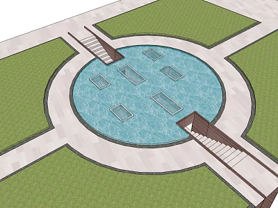 Garden Feature Design With Circular Pool Lawn Pathways And Steps 3d model