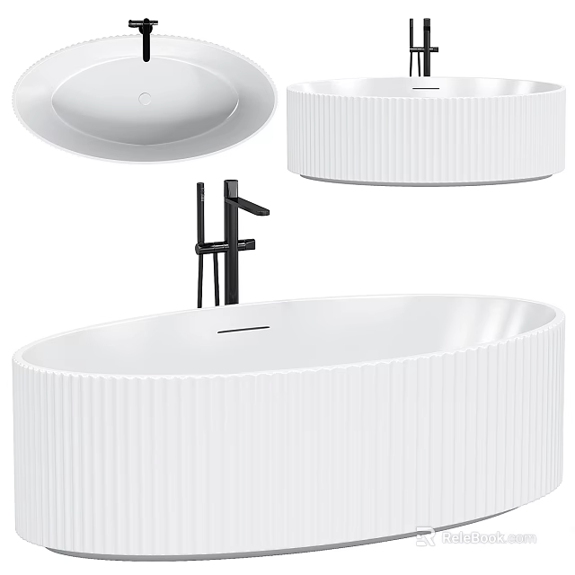 White Ribbed Ceramic Washbasin With Black Faucet Modern Round Bathroom Fixture 3d model 