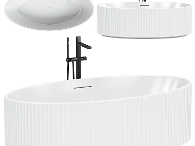 White Ribbed Ceramic Washbasin With Black Faucet Modern Round Bathroom Fixture 3d model