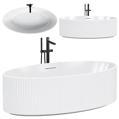 White Ribbed Ceramic Washbasin With Black Faucet Modern Round Bathroom Fixture 3d model