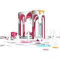 Modern Pink And White Pergola Design With Colorful Circular Seats In Public Area
