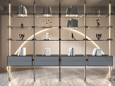 Modern Bookcase Design With Glass Shelves Books Decorative Items Arched Lighting And Storage Drawers 3d model