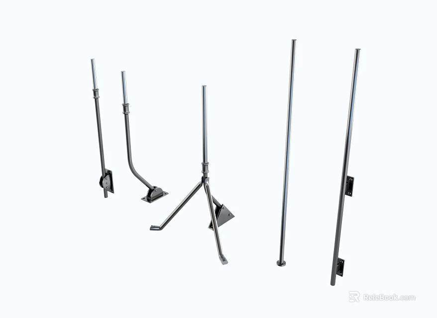 Various Metal Support Rods With Different Shapes Designs And Mounting Bases 3d model