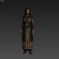 Mythical Warrior In Ornate Black Gold Attire With Dual Swords And Intricate Patterns