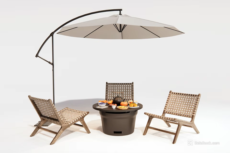 Woven Outdoor Chairs With Round Table And Large Umbrella For Patio Leisure 3d model 