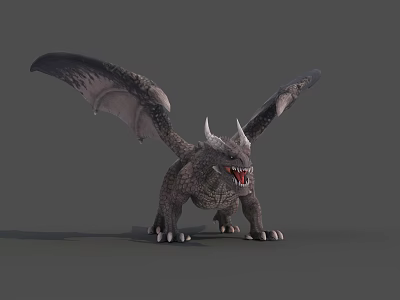 Mythical Gray Flying Dragon with Spread Wings and Sharp Teeth in Standing Pose 3d model