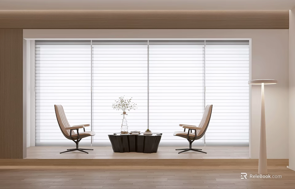 Modern Light Brown Swivel Lounge Chairs with Metal Coffee Table Wooden Floor and White Blinds 3d model 