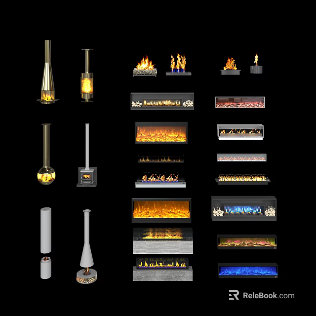 Stylish Fireplace Designs With Various Modern Styles And Realistic Flames 3d model