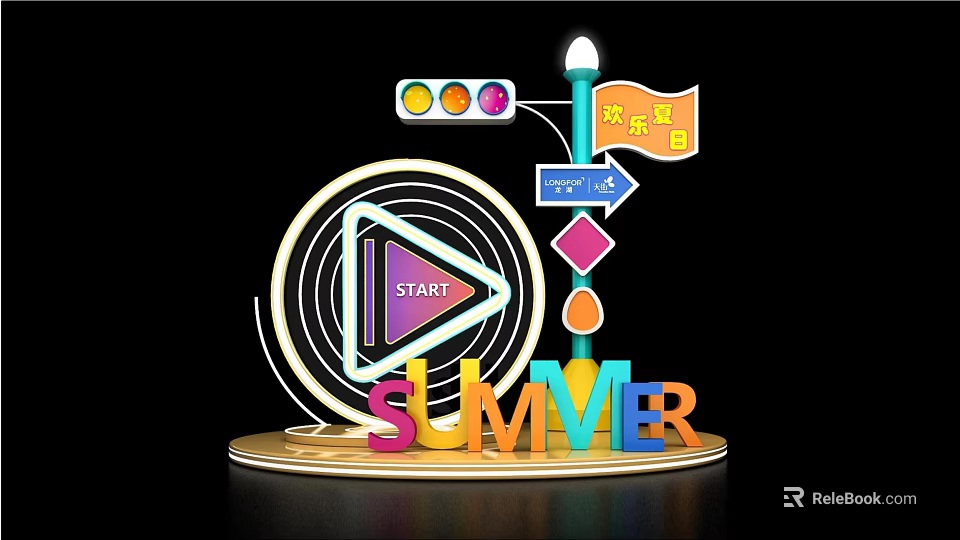 Colorful Summer Themed Design With Start Button Traffic Lights And Joyful Program Sign 3d model 