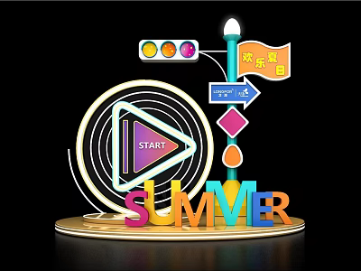 Colorful Summer Themed Design With Start Button Traffic Lights And Joyful Program Sign 3d model