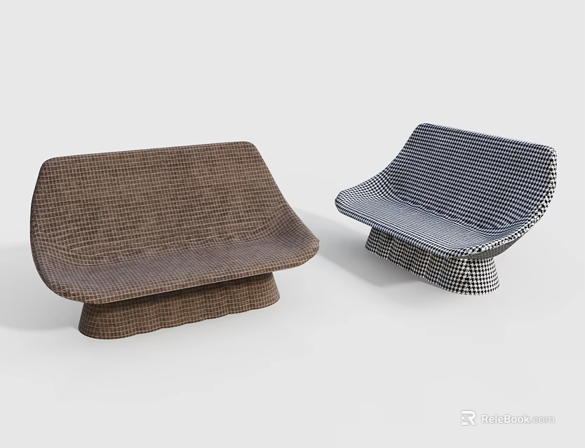 Modern Leisure Chairs With Brown And Blue White Checkered Textured Weave Curved Seat Design 3d model 