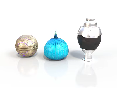 Decorative Golden Patterned Ball Blue Striped Onion Shaped Object And Silver Black Jar Arrangement 3d model