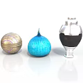 Decorative Golden Patterned Ball Blue Striped Onion Shaped Object And Silver Black Jar Arrangement